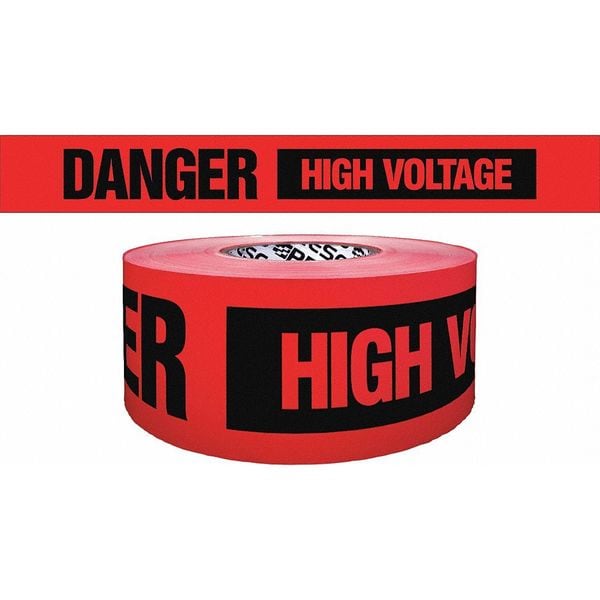 Barricade Tape, Danger High Voltage, Red, 3 in Wide x 500 ft Length, Polypropylene, 4 mil