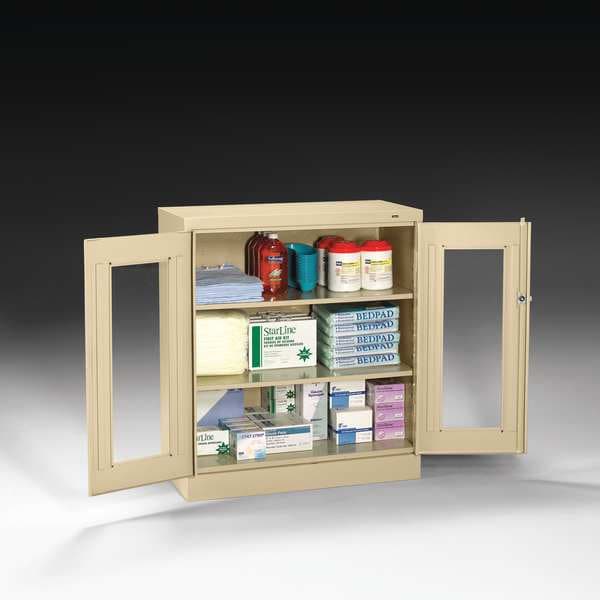 Shelving Storage Cabinet, 42 in H, 36 in W, Swing, Keyed, Sand, 2 Shelves, 0 Drawers