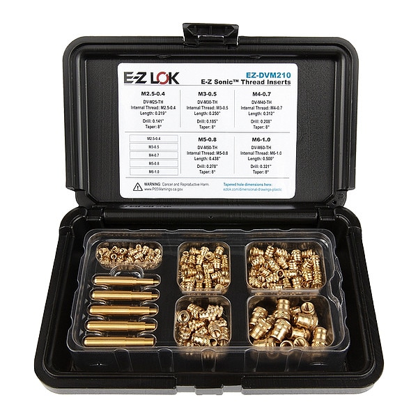 Heat-Set Insert Kit, M2.5-M6, 7/32 in, 1/4 in, 5/16 in, 7/16 in, 1/2 in L, Brass