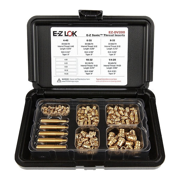 Heat-Set Insert Kit, #4-40 to 1/4"-20, 7/32 in, 1/4 in, 5/16 in, 3/8 in, 1/2 in L, Brass