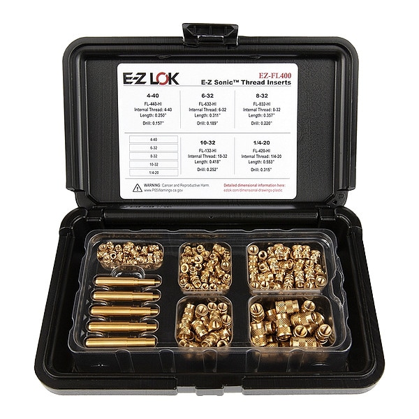 Heat-Set Insert Kit, #4-40 to 1/4"-20, 1/4 in, 5/16 in, 23/64 in, 27/64 in, 35/64 in L, Brass