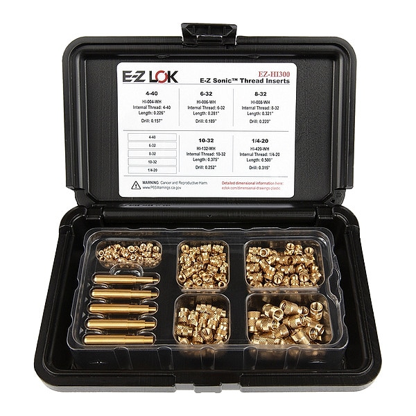 Heat-Set Insert Kit, #4-40 to 1/4"-20, 7/32 in, 9/32 in, 21/64 in, 3/8 in, 1/2 in L, Brass