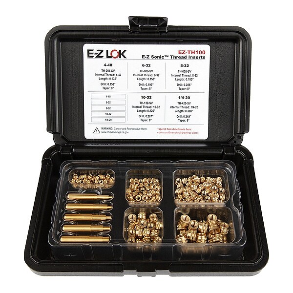 Heat-Set Insert Kit, #4-40 to 1/4"-20, 9/64 in, 5/32 in, 3/16 in, 7/32 in, 19/64 in L, Brass