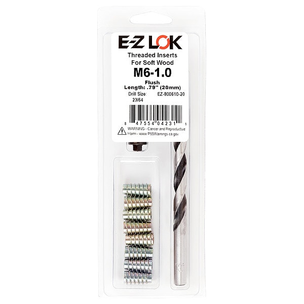 Thread Repair Kit, Hex Drive Threaded Inserts, M6-1.00, Hexavalent Chromium Zinc, 8 Inserts