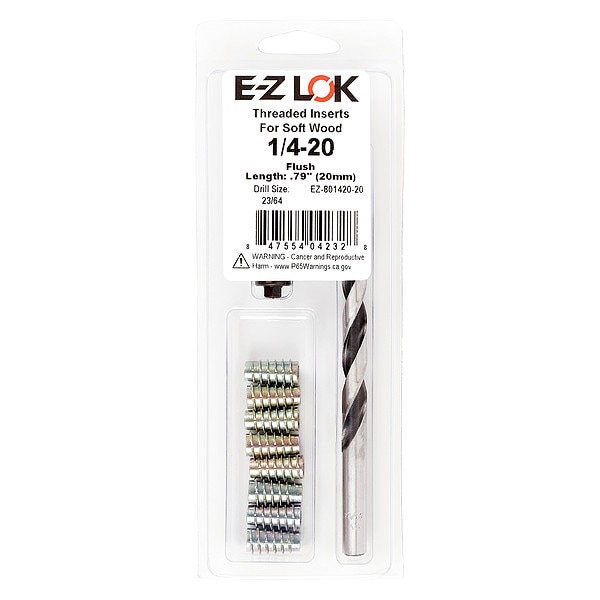 Thread Repair Kit, Hex Drive Threaded Inserts, 1/4"-20, Hexavalent Chromium Zinc, 8 Inserts