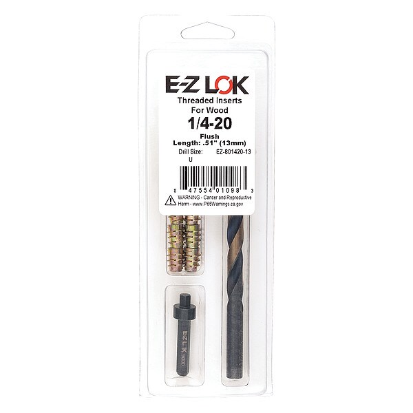 Thread Repair Kit, Hex Drive Threaded Inserts, 1/4"-20, Hexavalent Chromium Zinc, 10 Inserts