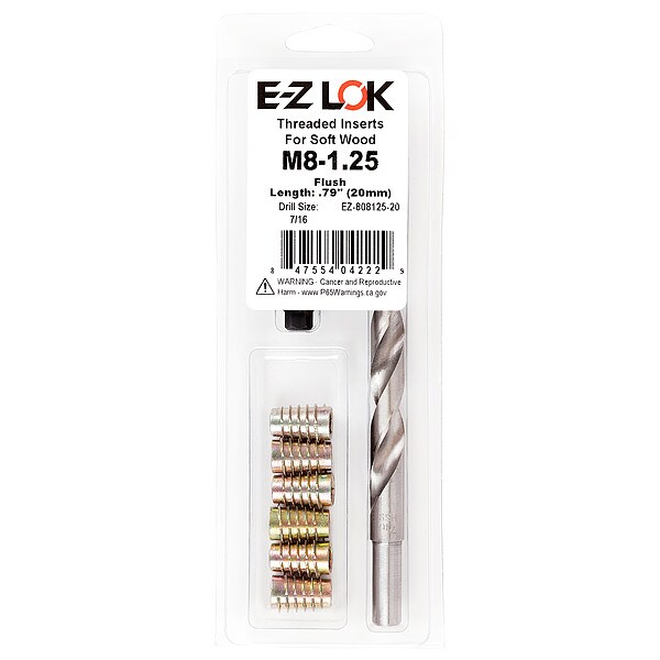 Thread Repair Kit, Hex Drive Threaded Inserts, M8-1.25, Hexavalent Chromium Zinc, 6 Inserts