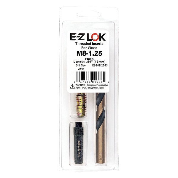 Thread Repair Kit, Hex Drive Threaded Inserts, M8-1.25, Hexavalent Chromium Zinc, 5 Inserts