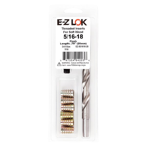 Thread Repair Kit, Hex Drive Threaded Inserts, 5/16"-18, Hexavalent Chromium Zinc, 6 Inserts