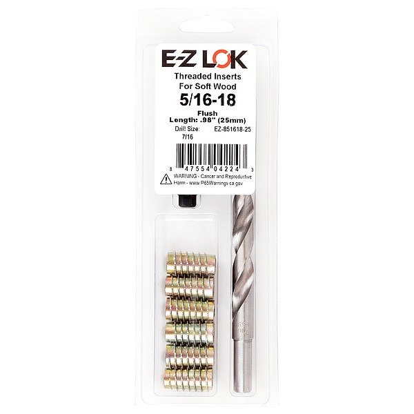 Thread Repair Kit, Hex Drive Threaded Inserts, 5/16"-18, Hexavalent Chromium Zinc, 6 Inserts