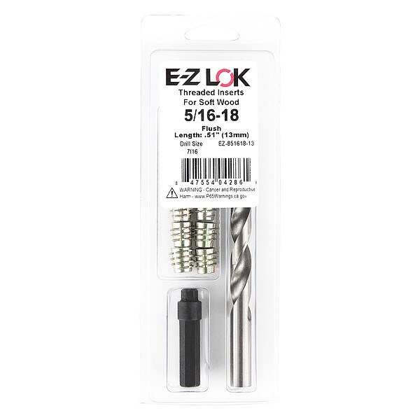 Thread Repair Kit, Hex Drive Threaded Inserts, 5/16"-18, Hexavalent Chromium Zinc, 5 Inserts