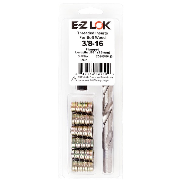 Thread Repair Kit, Hex Drive Threaded Inserts, 3/8"-16, Hexavalent Chromium Zinc, 6 Inserts