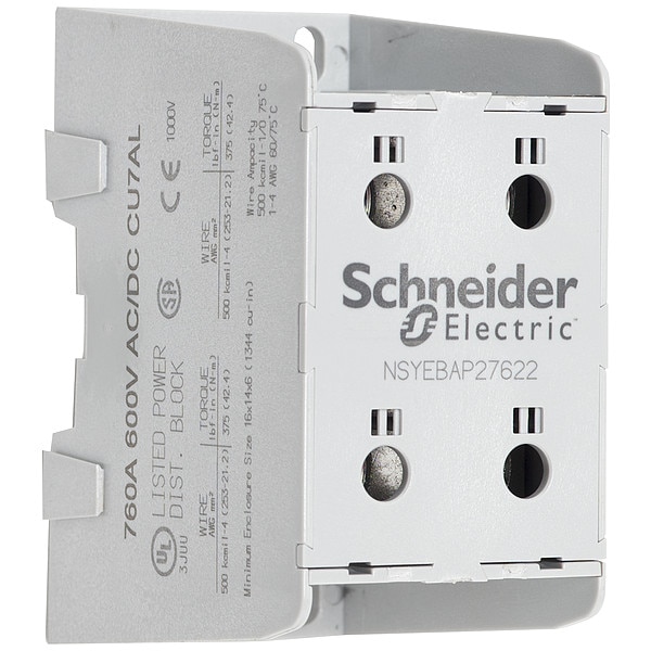 Power Distribution Block, Finger-Safe, 1 Pole, 760 A Copper, 600 V AC/DC, Panel, Screw