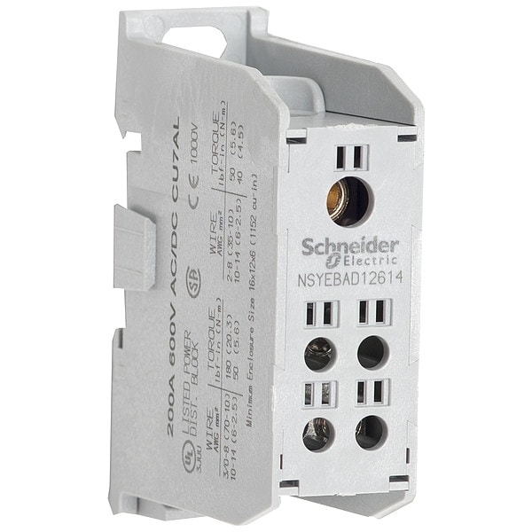 Power Distribution Block, Finger-Safe, 1 Pole, 200 A Copper, 600 V AC/DC, DIN Rail