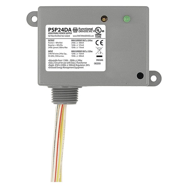 Enclosed Linear DC Power Supply, 24V AC, 1.5 to 28V DC, 116 mA, 125 mA, 300 mA