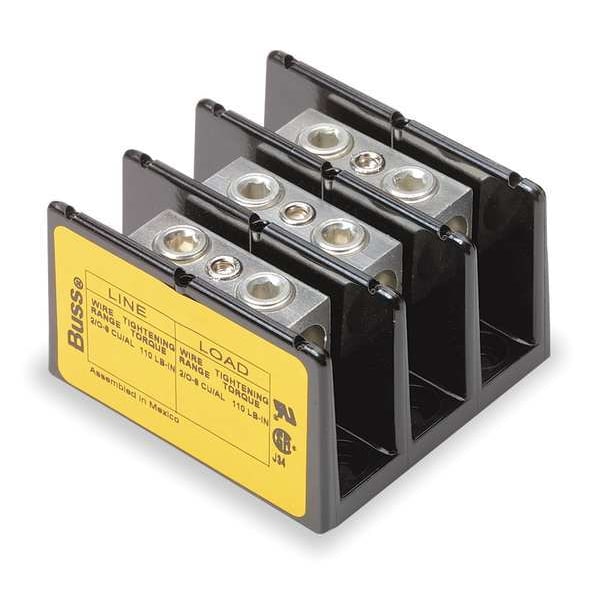 Miniature Power Distribution Block, Open, 3 Pole, 175 A Copper, 600 V AC/DC
