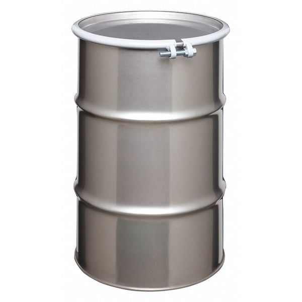 Open Head Transport Drum, 304 Stainless Steel, 30 gal, Unlined, Silver