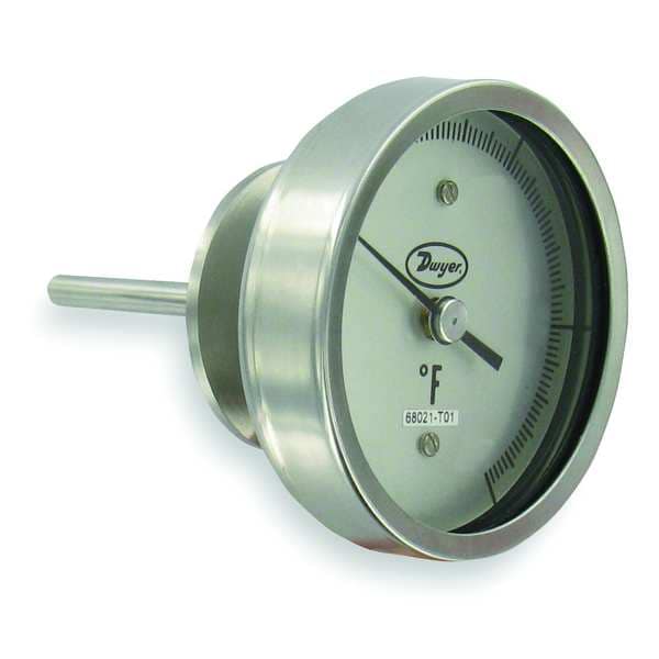 Sanitary bimetal thermometer, 1.5" clamp size, 2.5" stem, range 0 to 250 Degrees F.
