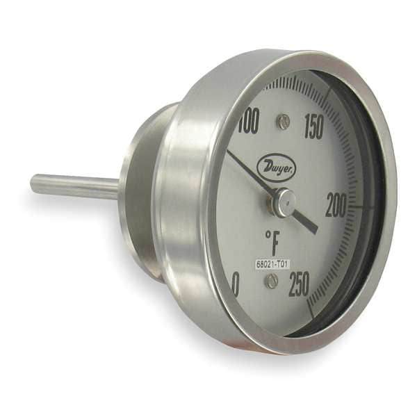 Sanitary bimetal thermometer, 1.5" clamp size, 4.5" stem, range 0 to 250 Degrees F.