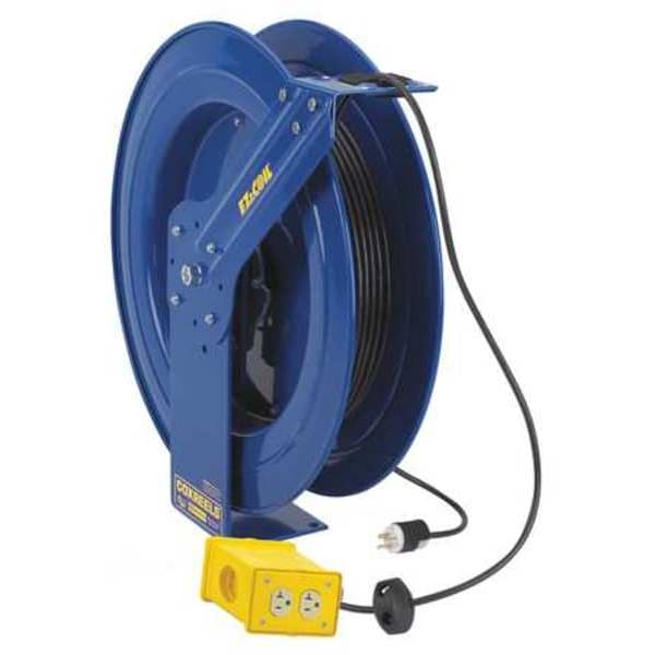Cord Reel, Spring Retracted, NEMA 5-20R, 12 AWG, Blue Reel Color, 100 ft Length, 4 Outlets