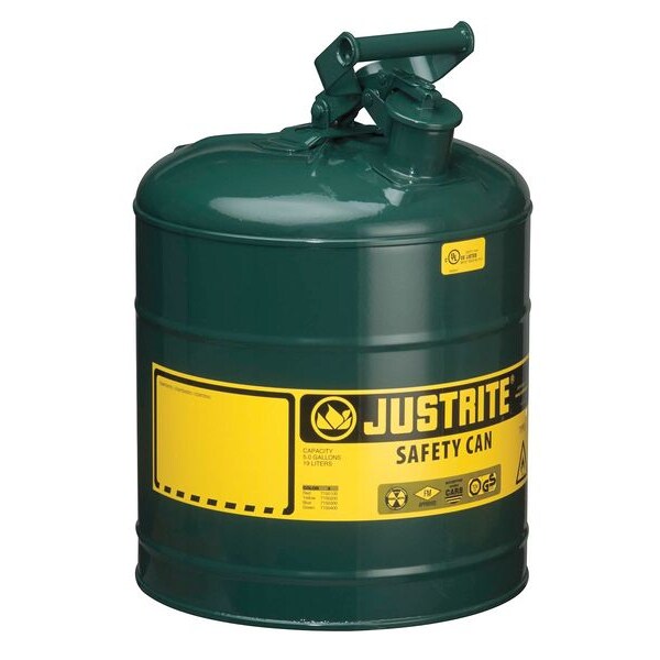 Type I Safety Can, Galvanized Steel, 5 gal, Green, Self-Closing, Auto-Venting Lid, Combustibles