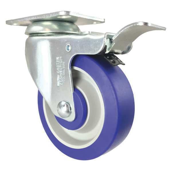 Swivel Plate Caster, Blue Rubber, 4", Caster Wheel Bearings: Ball