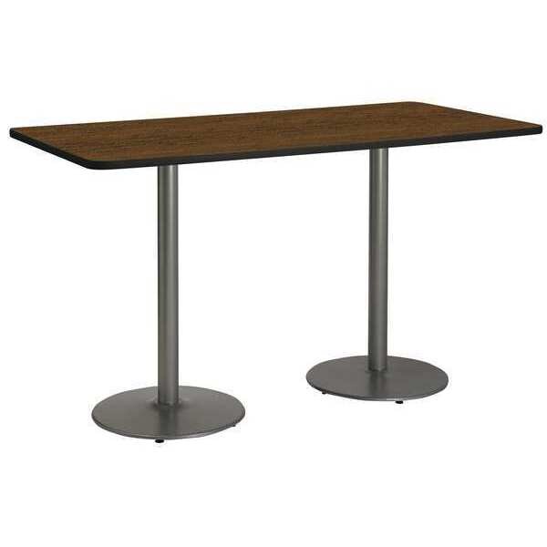 Rectangle KFI 30" x 72" Conference Table with Walnut Top, Round Silver Base, Bistro Height, 72 W