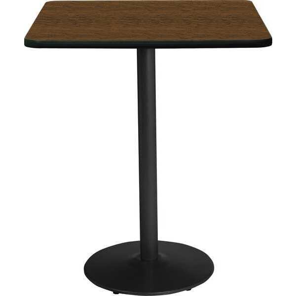 Square KFI 36" Square Breakroom Table with Walnut Top, Round Black Base, Bistro Height, 36 W, 36 L