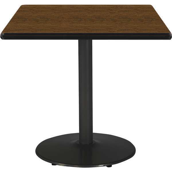 Square KFI 36" Square Breakroom Table with Walnut Top, Round Black Base, 36 W, 36 L, 29 H, Walnut