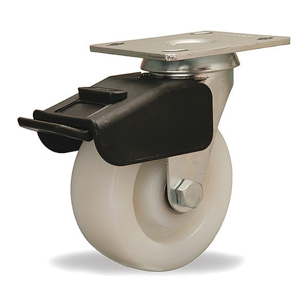 Combination Brake Swivel Caster, 5" x 2" White Nylon Wheel, 1/2" Precision Ball Bearing