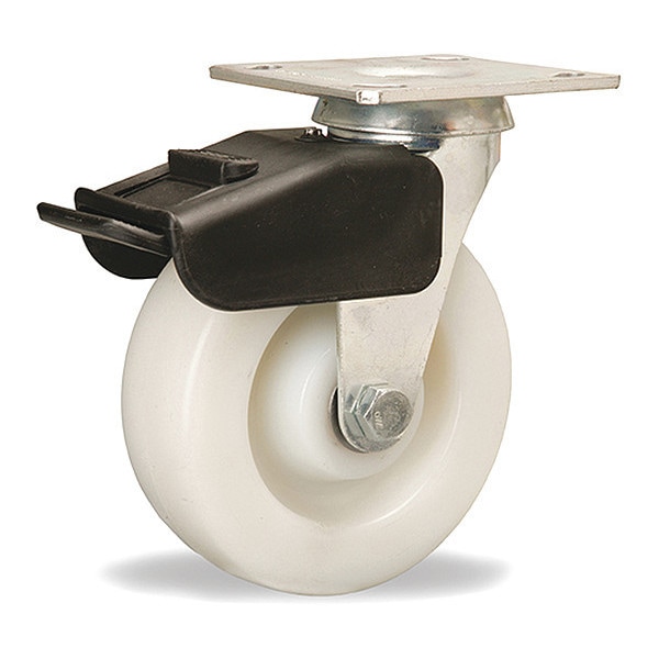 Combination Brake Swivel Caster, 6" x 2" White Nylon Wheel, 1/2" Precision Ball Bearing