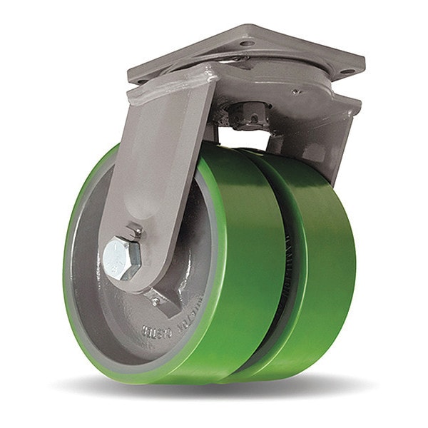Maxi-Duty Dual-Wheel Swivel Caster, 12" x 4" Duralast Polyurethane on Cast Iron Wheel, Swivel Lock