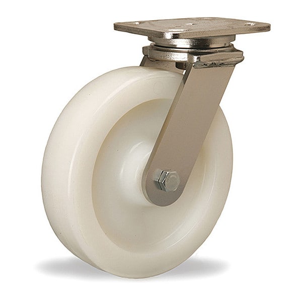 Stainless Steel Workhorse Swivel Caster, 8" x 2" White Nylon Wheel, 1/2" Sealed Precision Ball Bearing