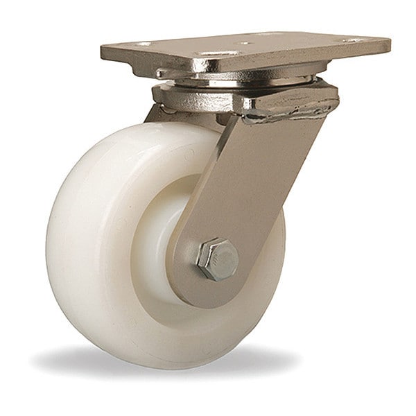 Stainless Steel Workhorse Swivel Caster, 5" x 2" White Nylon Wheel, 1/2" Sealed Precision Ball Bearing