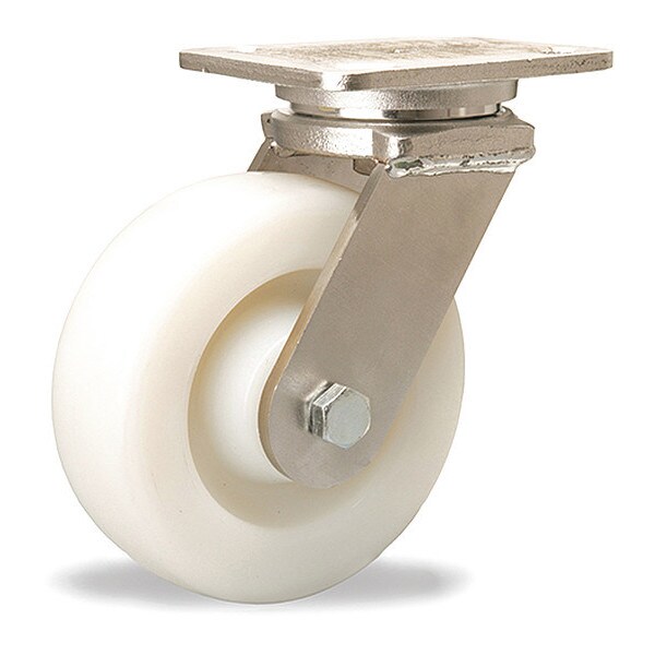 Stainless Steel Workhorse Swivel Caster, 6" x 2" White Nylon Wheel, 1/2" Sealed Precision Ball Bearing