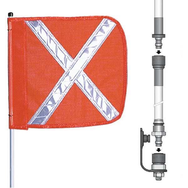 Warning Whip with Reflective X Flag, White Whip, Orange Flag, Fiber Glass, Split Pole