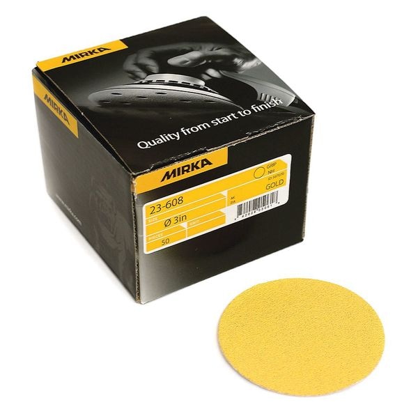 Grip Disc, 3", P220, PK50, 3" Dia, No Hole, Aluminum Oxide, P220 Grit, Semi Open Coat Type, Gold
