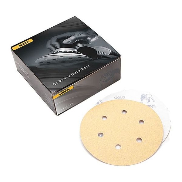 Grip Disc, 5", P100, PK50, 5" Dia, No Hole, Aluminum Oxide, P100 Grit, Semi Open Coat Type, Gold