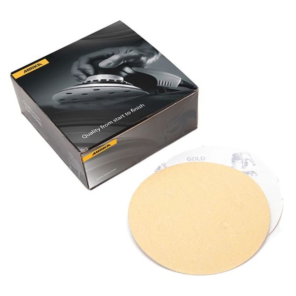 Grip Disc, 6", P100, PK50, 6" Dia, No Hole, Aluminum Oxide, P100 Grit, Semi Open Coat Type, Gold