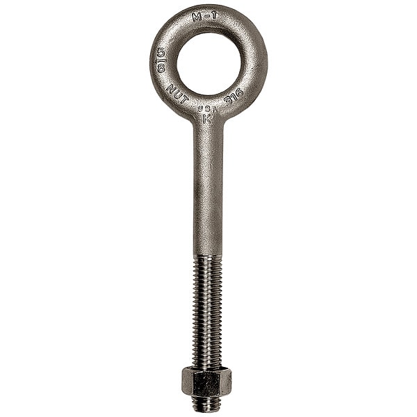 Eye Bolt Without Shoulder, 1-1/2"-6, 6 in Shank, 2-1/2 in ID, Steel, Plain