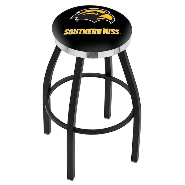 25" Blk Wrinkle Southern Miss Swivel Bar Stool, Chrome Ring