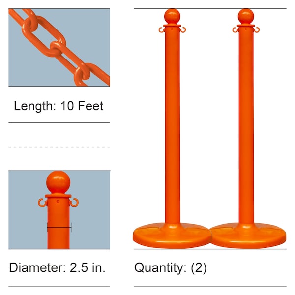 Safety Orange Medium Duty Stanchion & Chain Kit (2-Pack)
