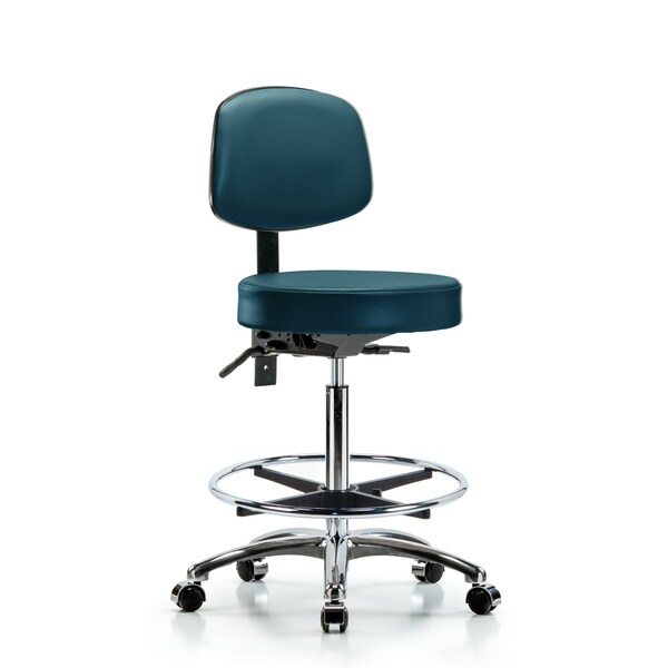 Vinyl Stool, Back, Chrome, High Bench, Tilt, Foot Ring, Casters, Royal
