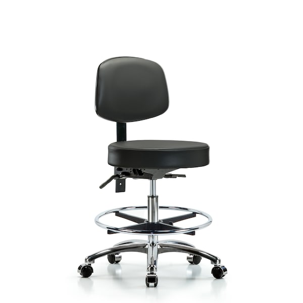 Vinyl Stool, Back, Chrome, Med Bench, Foot Ring, Casters, Carbon