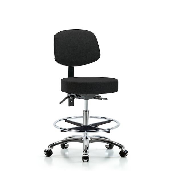 Fab Stool with Back Chr-Medium Bench Height with Seat Tilt, Chr Foot Ring, and Casters in Black Fab