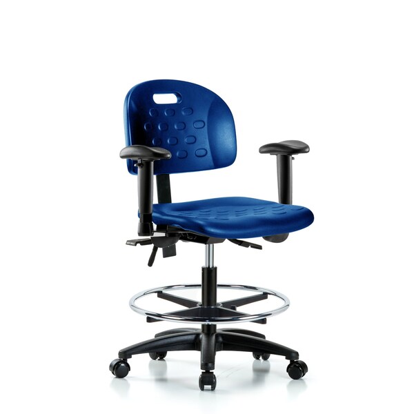 Poly Chair, Med Bench, Tilt, Arms, Foot Ring, Casters, Blue
