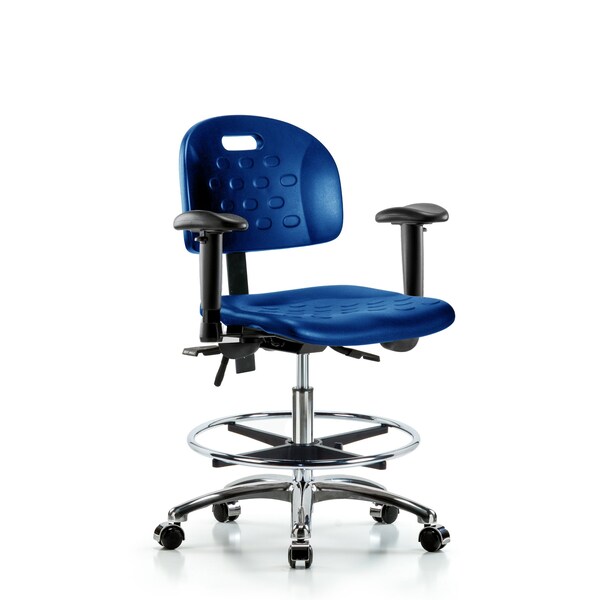 Poly Chair Chrome, Med Bench, Arms, Foot Ring, Casters, Blue