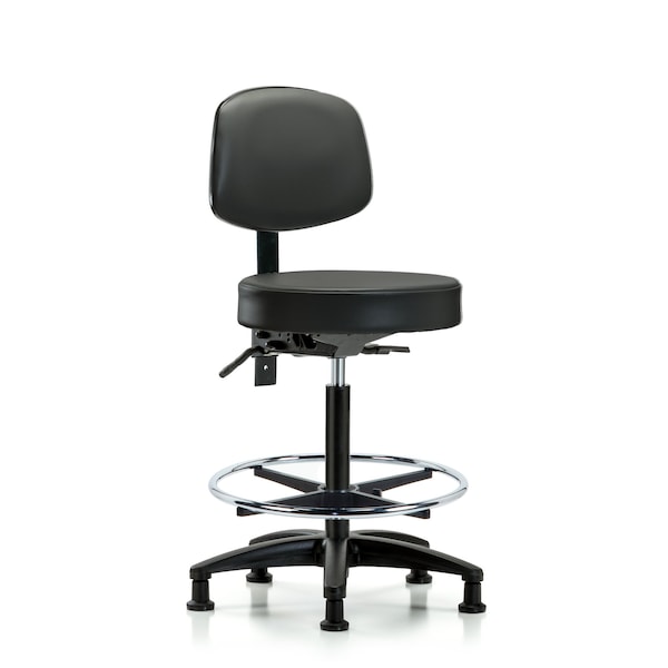 Vinyl Stool, Back, High Bench, Tilt, Foot Ring, Glides, Carbon