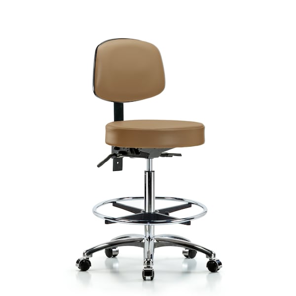 Vin Stool with Back Chrome-High Bench Ht with Chrome Foot Ring and Casters in Taupe Trailblazer Vin