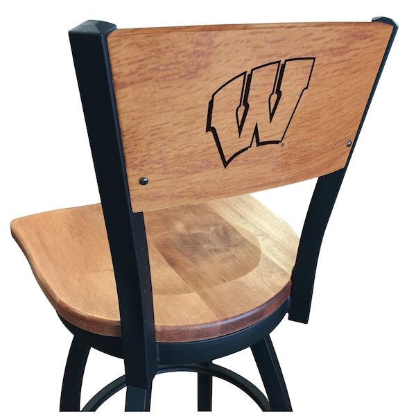 25" Blk Wrinkle Wisconsin "W" Swivel Bar Stool, Laser Engraved Back